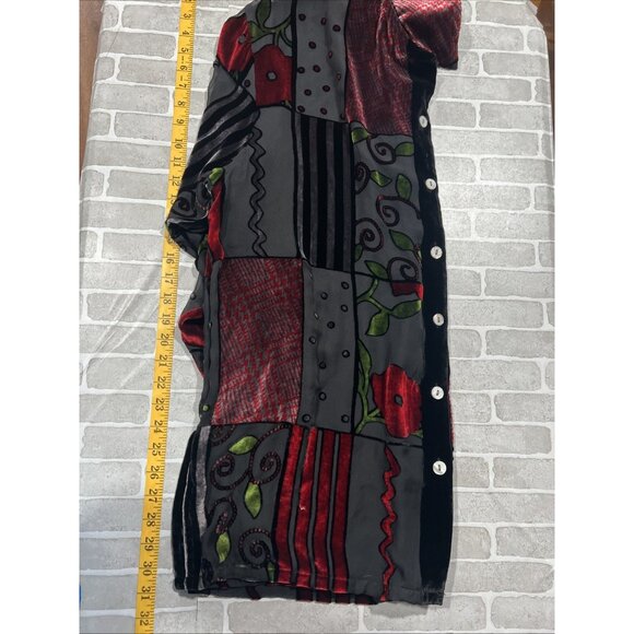Vintage 1990s Blast Shirt XL Black Velour Floral Artsy Sheer Silk Button Up - Picture 13 of 15